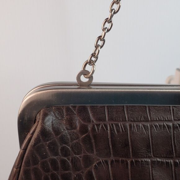 ANN TAYLOR LOFT Croc Embossed Dark Brown Leather Kiss-Lock Purse Bag Clutch - Picture 8 of 15